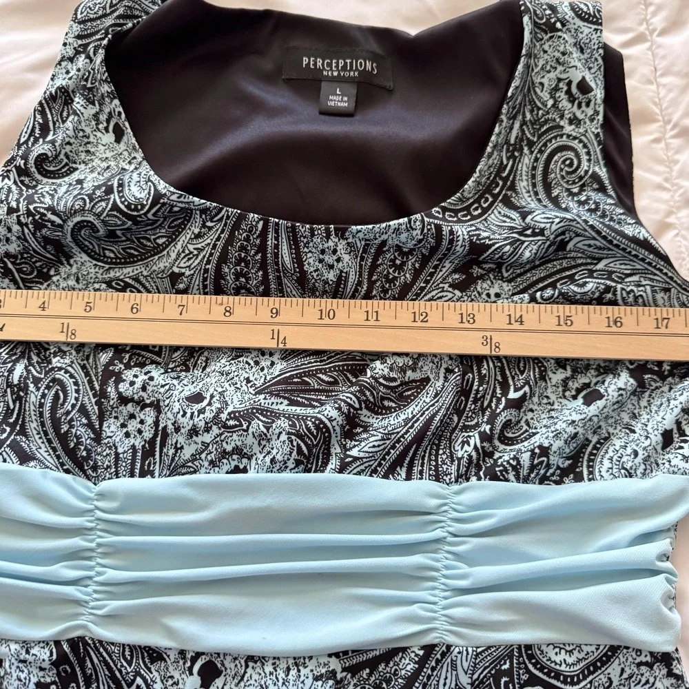 Perceptions‎ New York Dress Womens L Blue Paisley Sleeveless Ruched A Line Midi